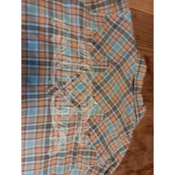 Wrangler Rock 47 Womens L Shirt Plaid Rhinestone Snap Front Embroidered Cotton - Picture 8 of 9